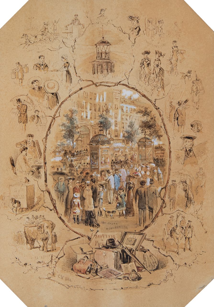 Franse School, 2e helft 19e eeuw   | Franse School, 2e helft 19e eeuw | Watercolours and drawings offered for sale | Souvenirs de Paris, ink, watercolour and gouache on paper 37.7 x 26.4 cm, signed l.l. with initials 'C.R.s.' and dated 1881