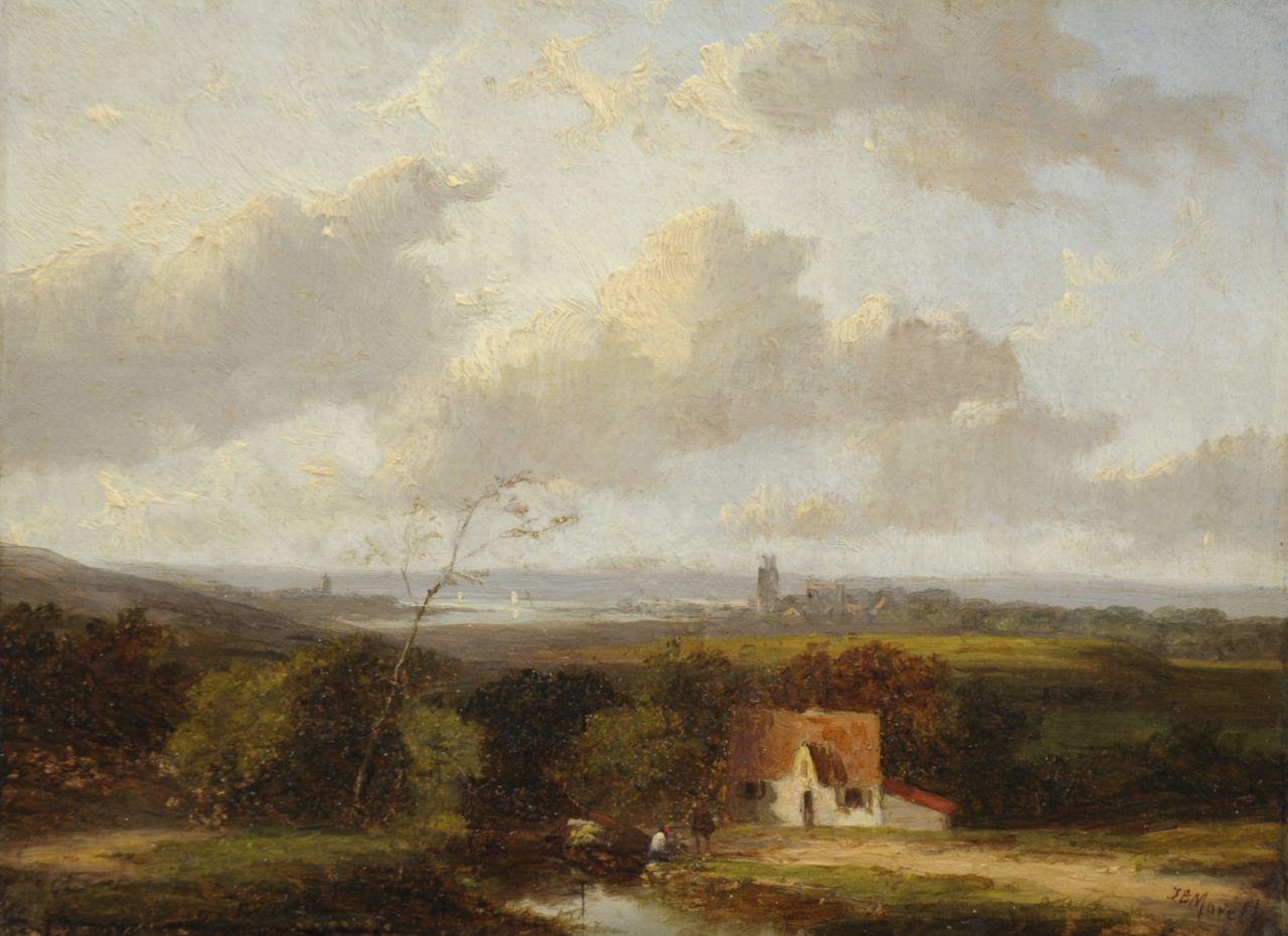 Morel II J.E.  | Jan Evert Morel II, Panoramic landscape with resting land folk, oil on panel 15.2 x 20.7 cm, signed l.r.