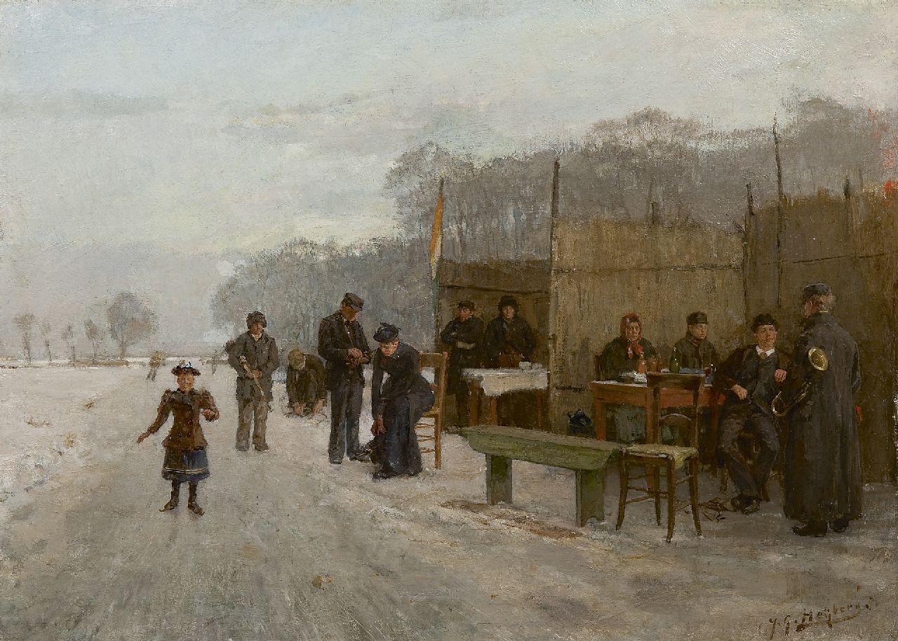 Heijberg J.G.  | Johannes Gerardus Heijberg | Paintings offered for sale | Gathering on the ice, oil on canvas 35.0 x 48.4 cm, signed l.r.