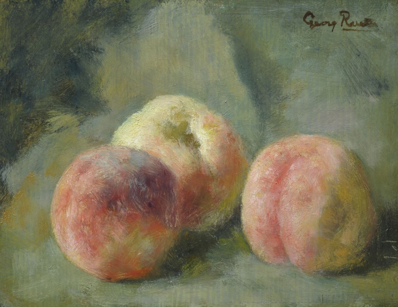 Rueter W.C.G.  | Wilhelm Christian 'Georg' Rueter, Peaches, oil on panel 17.4 x 22.1 cm, signed u.r.