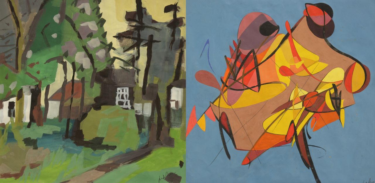 Zee J. van der | Jan van der Zee, A yard with trees; verso: Composition, watercolour and gouache on paper 56.0 x 56.0 cm, signed l.r. recto and verso and painted in the 1950's, verso ca. 1965-1968 Zee J. van der | Jan van der Zee, A yard with trees; verso: Composition, watercolour and gouache on paper 56.0 x 56.0 cm, signed l.r. recto and verso and painted in the 1950's, verso ca. 1965-1968