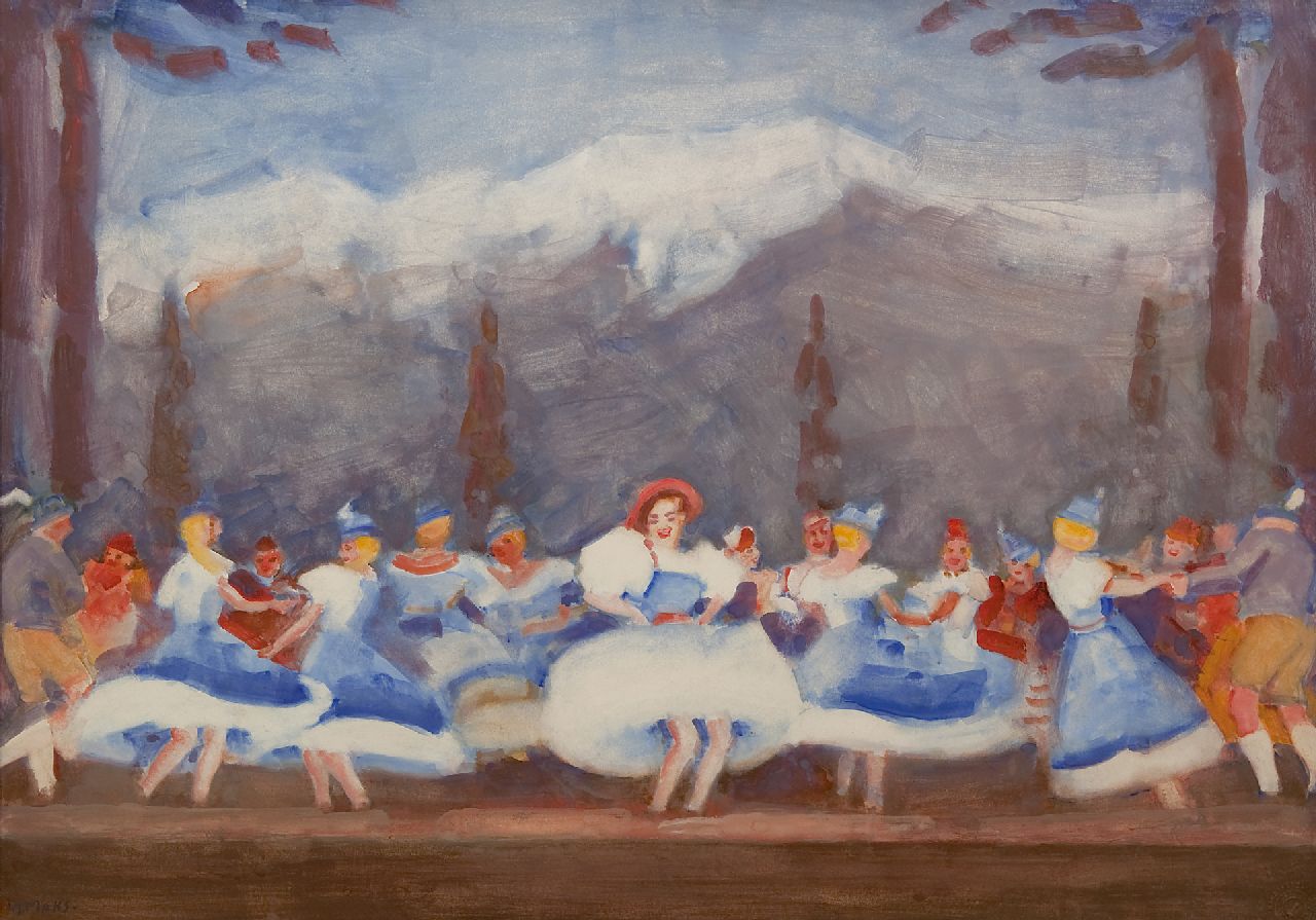 Maks C.J.  | Cornelis Johannes 'Kees' Maks | Watercolours and drawings offered for sale | Tiroler ballet at the Bouwmeester Revue, gouache on paper 48.0 x 68.0 cm, signed l.l. and painted ca. 1938