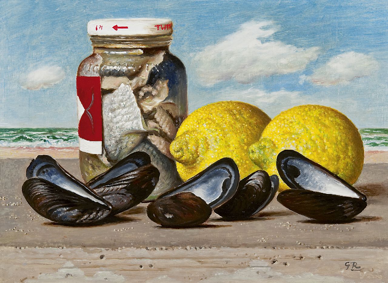 Röling G.V.A.  | Gerard Victor Alphons 'Gé' Röling, A still life with mussels, lemons and pickled herring, oil on board 21.9 x 29.7 cm, signed l.r. with initials and in full on the reverse and dated '66 on the reverse