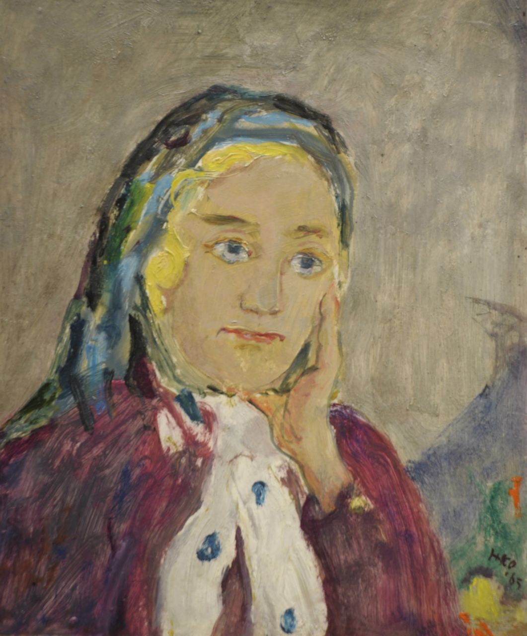 Kamerlingh Onnes H.H.  | 'Harm' Henrick Kamerlingh Onnes, A woman wearing a scarf, oil on board 27.2 x 22.7 cm, signed l.r. with monogram and dated '65