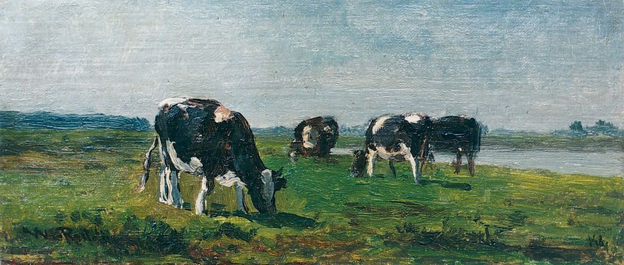 Roelofs W.  | Willem Roelofs, Cows grazing, the river Lek in the distance, oil on panel 12.4 x 27.5 cm, signed l.l.