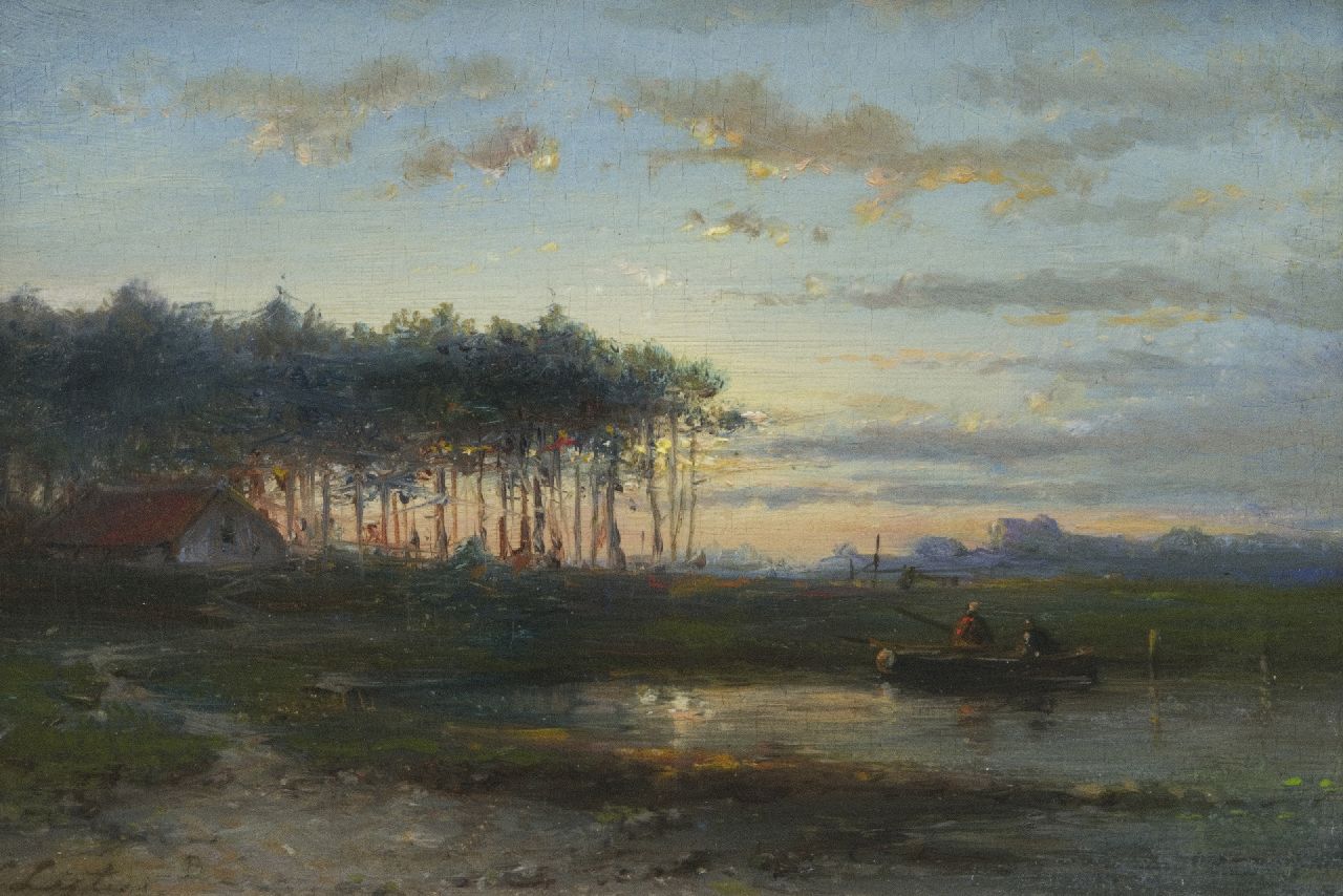 Lieste C.  | Cornelis Lieste, Evening landscape with fishermen in a boat, oil on panel 13.1 x 18.7 cm, signed l.l.