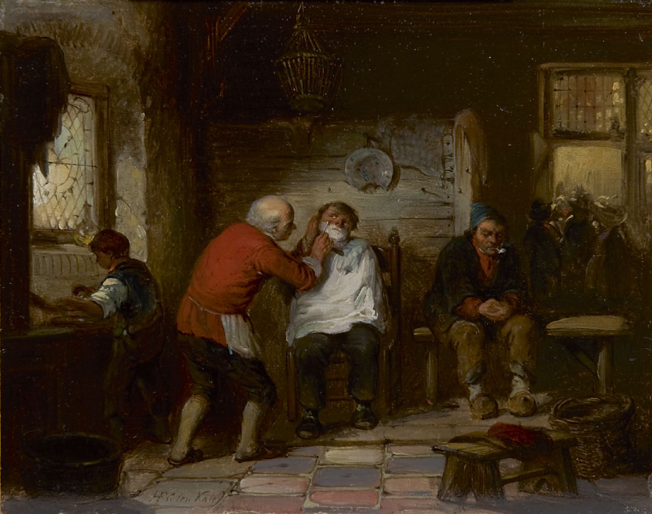 Kate H.F.C. ten | 'Herman' Frederik Carel ten Kate, At the barbershop, oil on panel 16.8 x 21.1 cm, signed l.l.