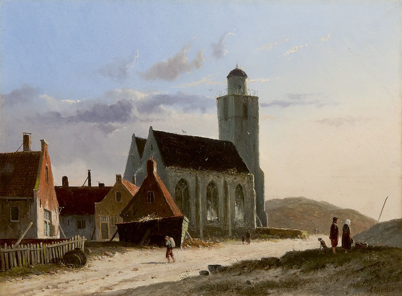Eversen A.  | Adrianus Eversen, A view of the Oude Kerk, Katwijk, oil on panel 23.8 x 31.9 cm, signed l.r.
