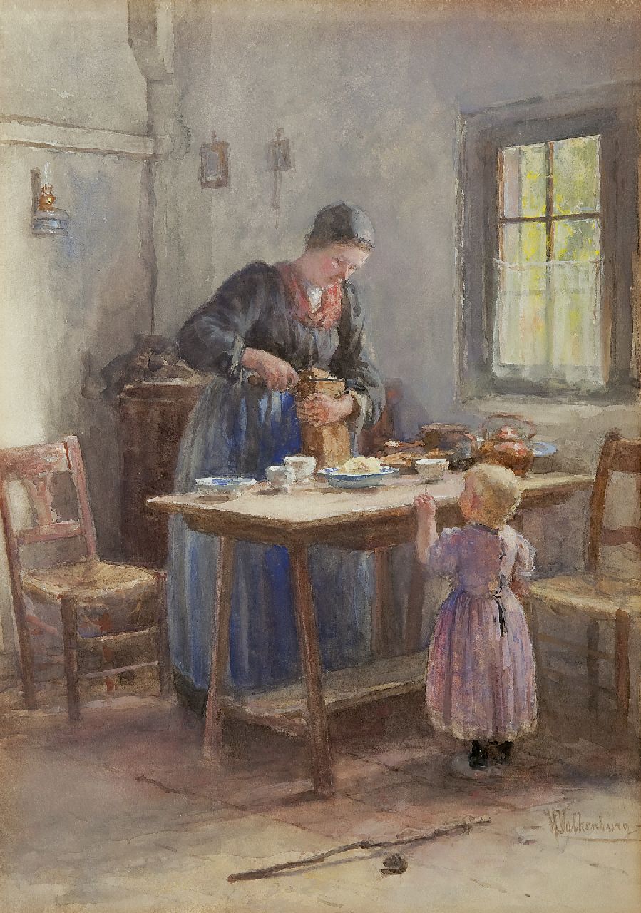 Valkenburg H.  | Hendrik Valkenburg, An interior with mother and child, watercolour on paper 55.5 x 39.0 cm, signed l.r.