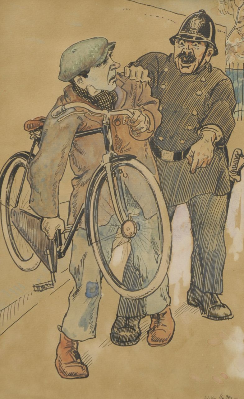 Sluiter J.W.  | Jan Willem 'Willy' Sluiter, The bicycle thief, ink and watercolour on paper 17.2 x 27.6 cm, signed l.r.