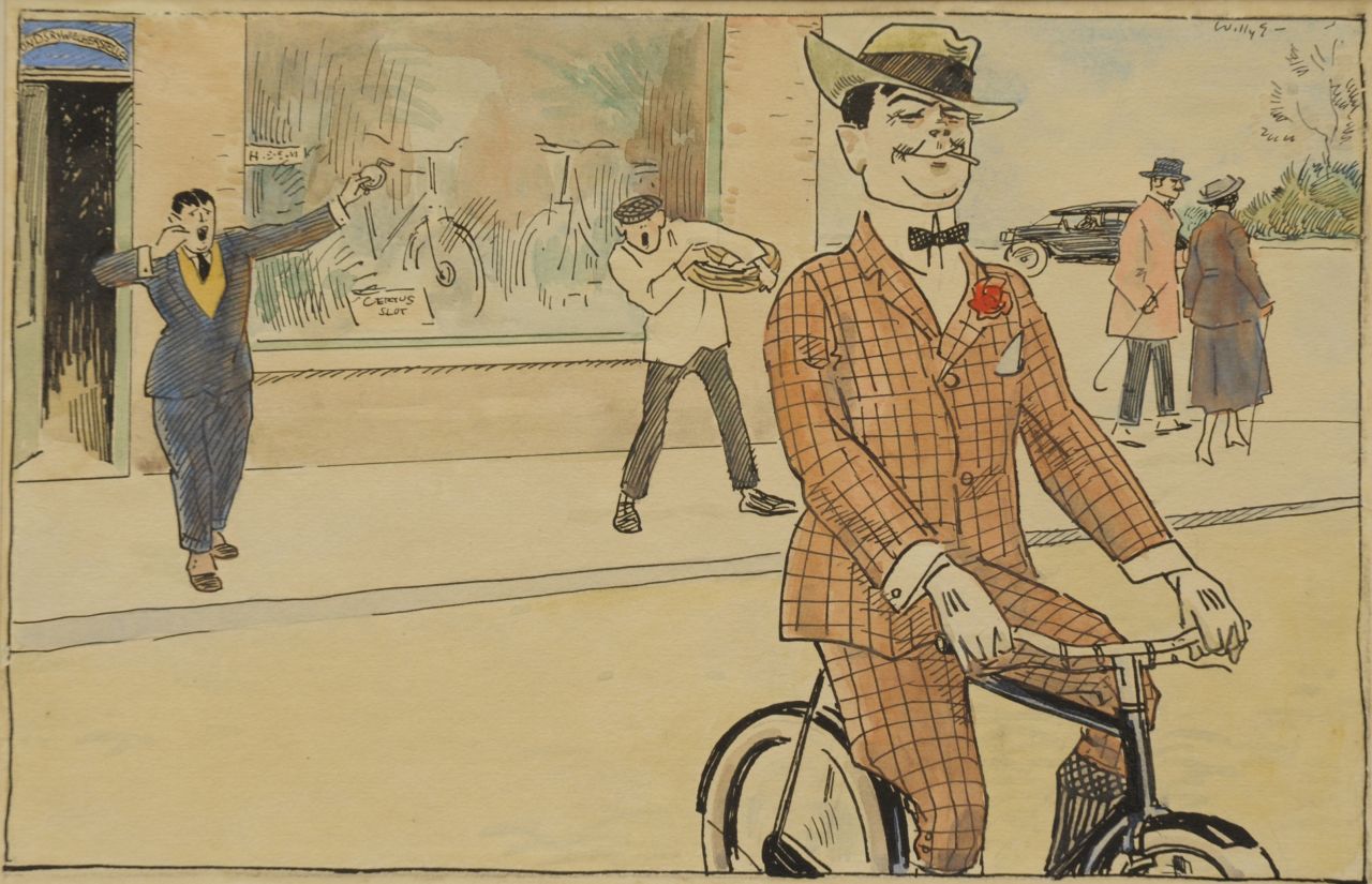 Sluiter J.W.  | Jan Willem 'Willy' Sluiter, The bicycle thief, ink and watercolour on paper 17.3 x 27.5 cm, signed u.r.