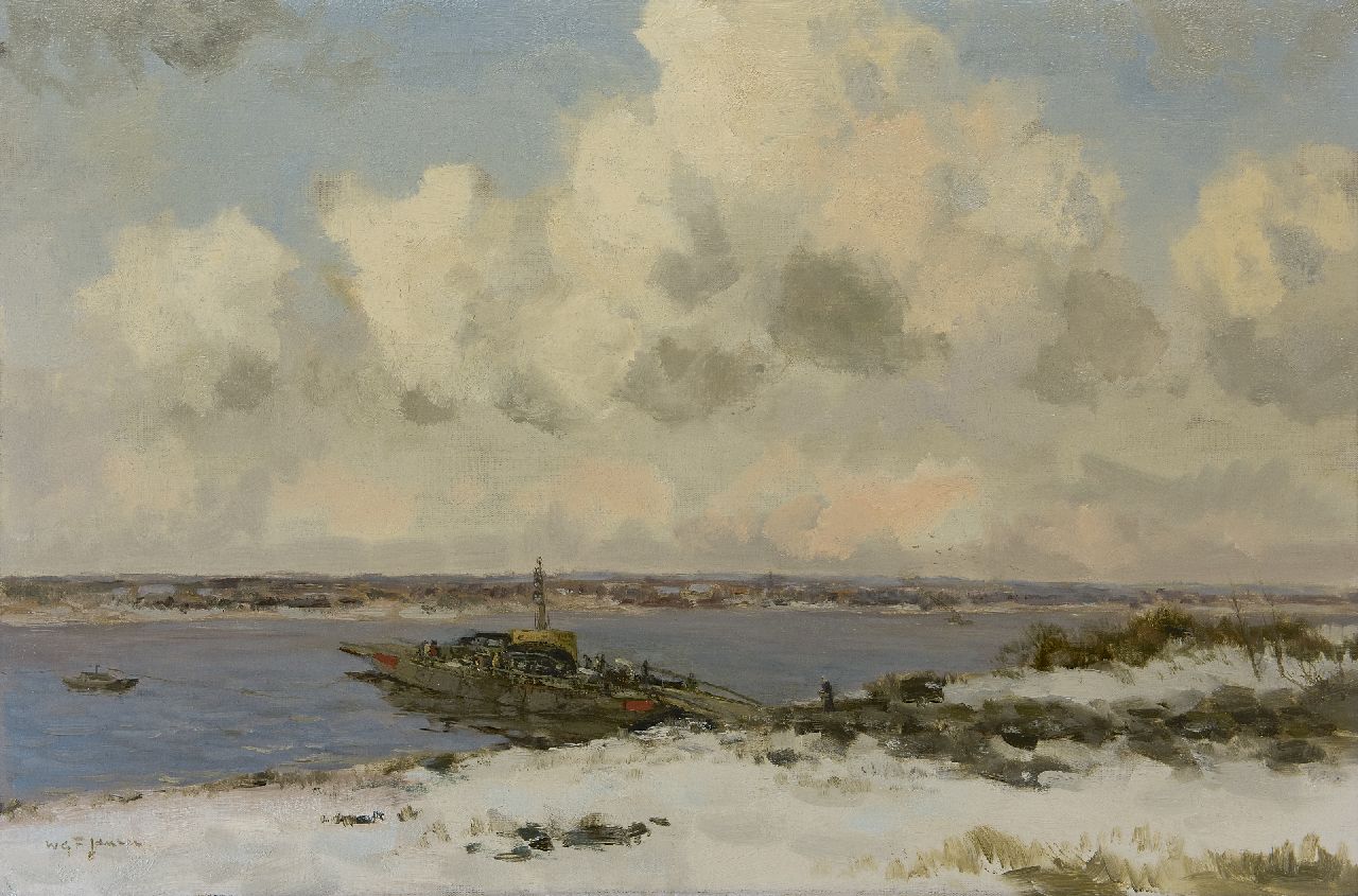 Jansen W.G.F.  | 'Willem' George Frederik Jansen | Paintings offered for sale | Ferry in winterlandscape, oil on canvas 60.5 x 90.5 cm, signed l.l.