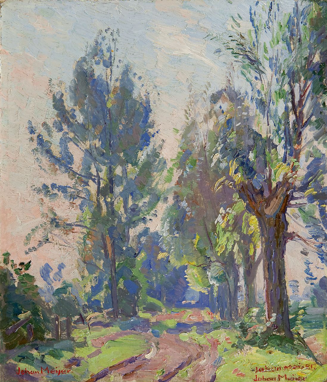 Meijer J.  | Johannes 'Johan' Meijer, Trees along a path, oil on painter's board 26.6 x 23.2 cm, signed l.l. and 2 x  l.r.