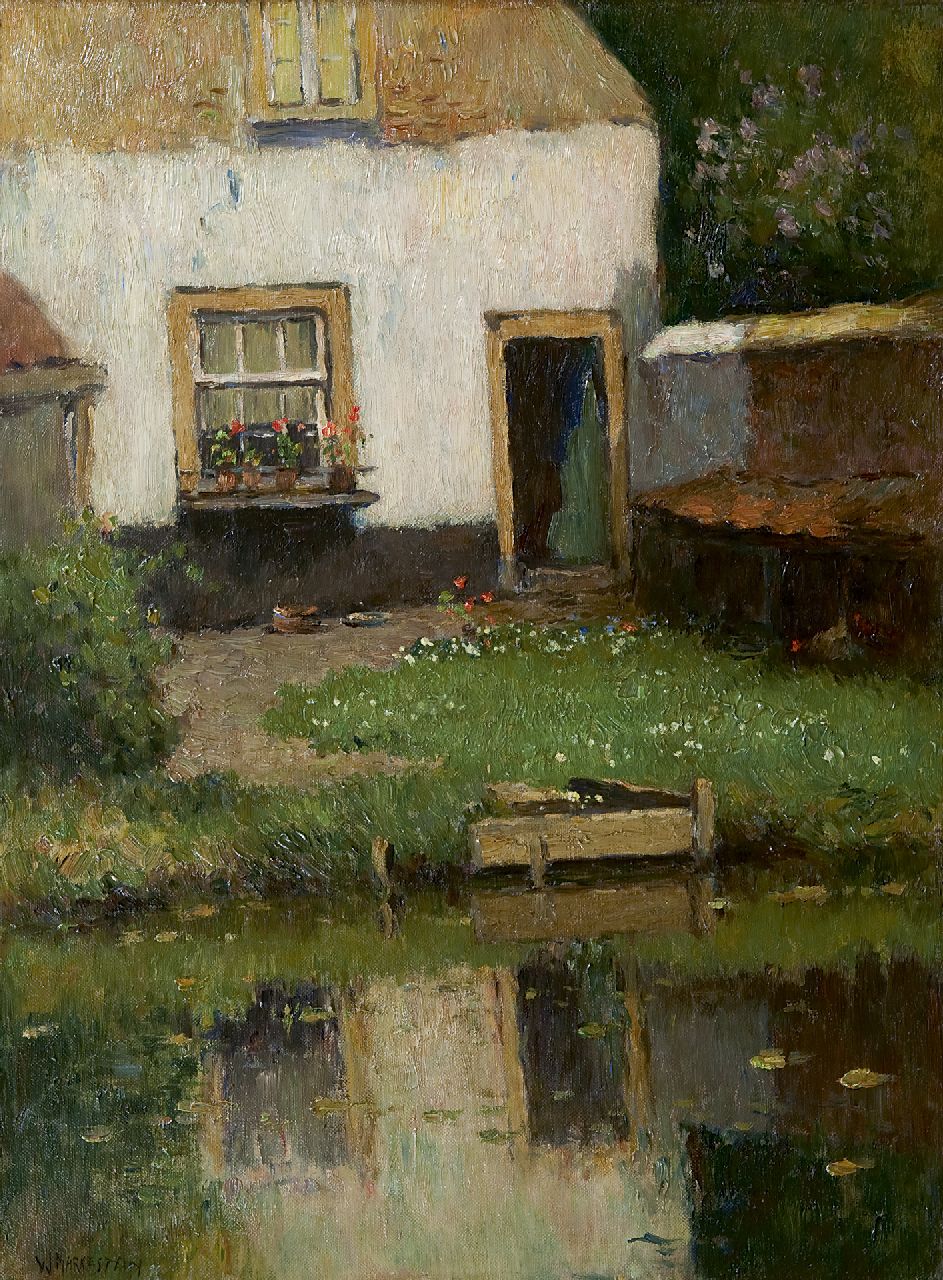 Knikker A.  | Aris Knikker, A sunny garden near the water, oil on canvas 40.1 x 30.1 cm, signed l.l. 'W. Markestein' (pseudonym)
