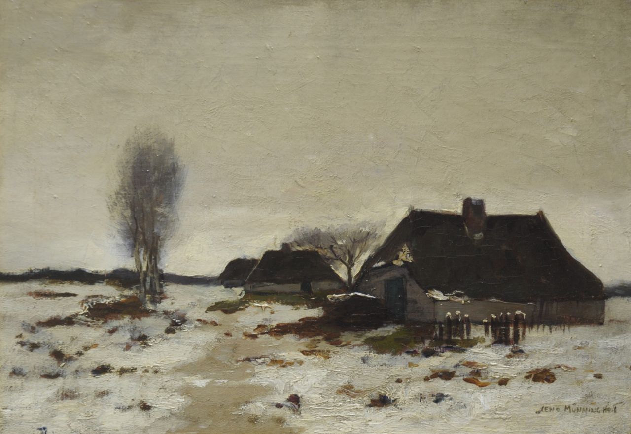 Münninghoff X.A.F.L.  | 'Xeno' Augustus Franciscus Ludovicus Münninghoff, Farmhouses in a snowy landscape, oil on canvas 25.6 x 36.3 cm, signed l.r.