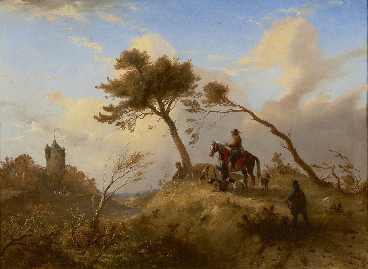 Tavenraat J.  | Johannes Tavenraat, Hunting party in a hilly landscape, oil on canvas 42.5 x 57.5 cm, signed l.r. and dated 1845