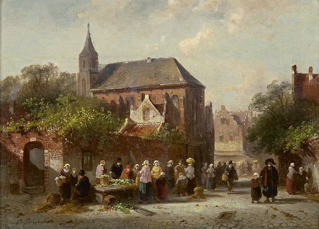 Leickert C.H.J.  | 'Charles' Henri Joseph Leickert, Market day near a church on a sunny day, oil on panel 16.9 x 23.2 cm, signed l.l.