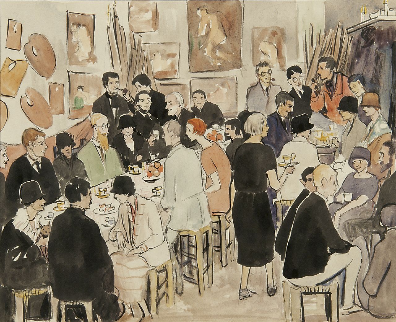 Geertrude Leese | Le Fauconnier, party at the Académie de la Palette, watercolour on paper, 25.0 x 29.9 cm