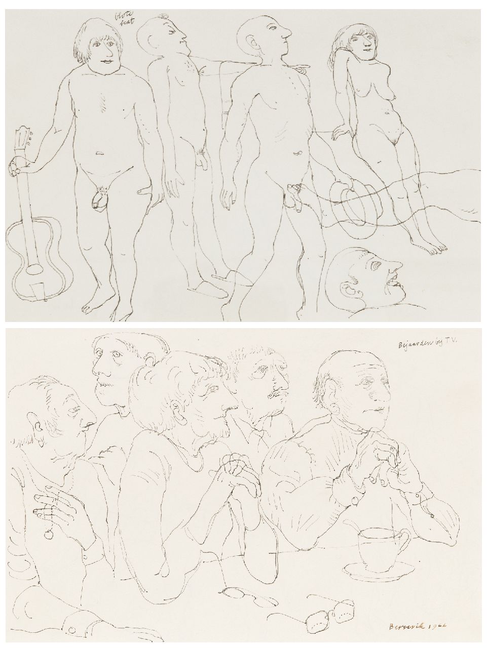 Berserik H.  | Hermanus 'Herman' Berserik | Watercolours and drawings offered for sale | Old people watching tv; on the reverse: naked beat, pen and ink on paper 15.8 x 23.7 cm, signed l.r. and dated 1966