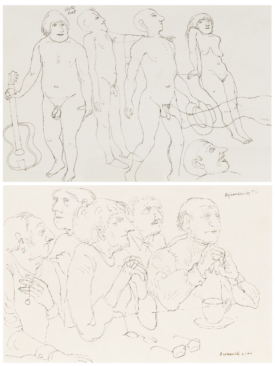 Berserik H.  | Hermanus 'Herman' Berserik | Watercolours and drawings offered for sale | Old people watching tv; on the reverse: naked beat, pen and ink on paper 15.8 x 23.7 cm, signed l.r. and dated 1966