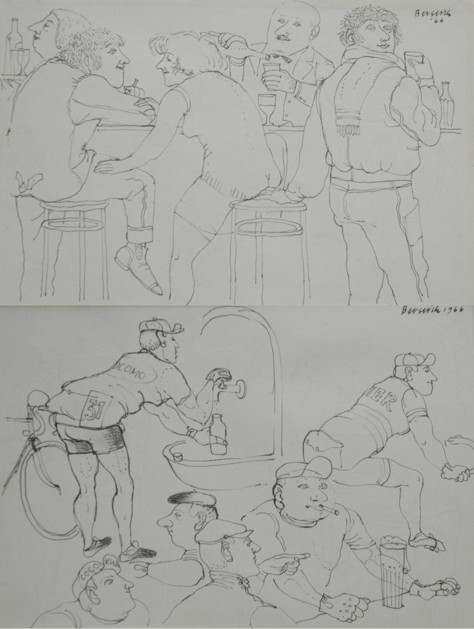 Berserik H.  | Hermanus 'Herman' Berserik | Watercolours and drawings offered for sale | At the bar; on the reverse: Bikers at the bar, pen and ink on paper 15.8 x 23.7 cm, signed u.r. and both dated 1966