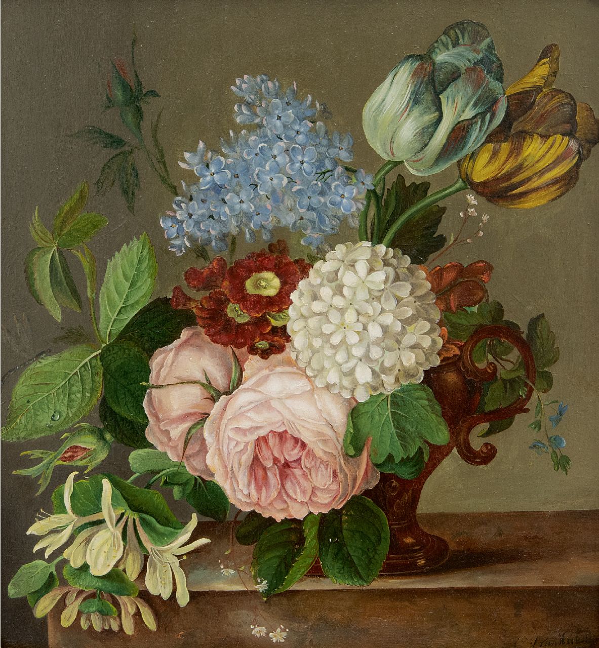 Johan van Hulstijn | A still life with roses, tulips, primula and other flowers, oil on panel, 29.3 x 26.9 cm, signed l.r.