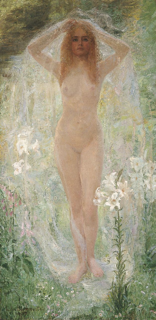 Blommestein L.A.A. van | Louise Alice Andrine van Blommestein, A standing nude surrounded by white lilies, oil on canvas 160.7 x 80.3 cm, signed l.l. and dated 1907
