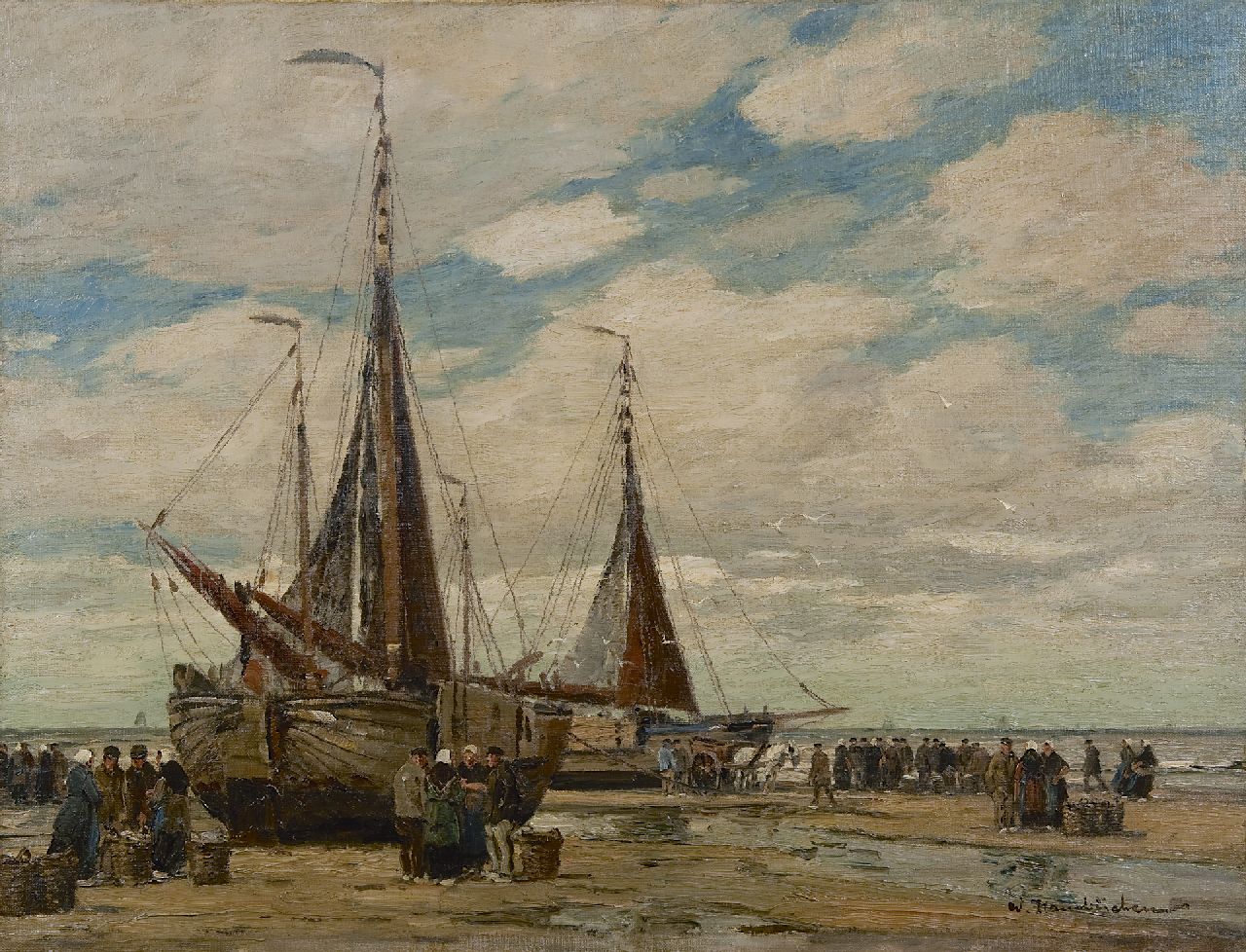 Hambüchen W.  | Wilhelm Hambüchen, Selling fish on the beach of Katwijk, oil on canvas 61.0 x 81.0 cm, signed l.r.