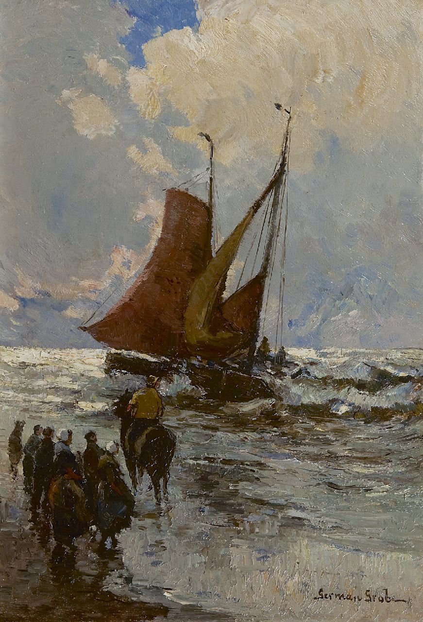 Grobe P.G.  | Philipp 'German' Grobe, Fishing boats in the surf, Katwijk, oil on panel 41.0 x 28.5 cm, signed l.r.