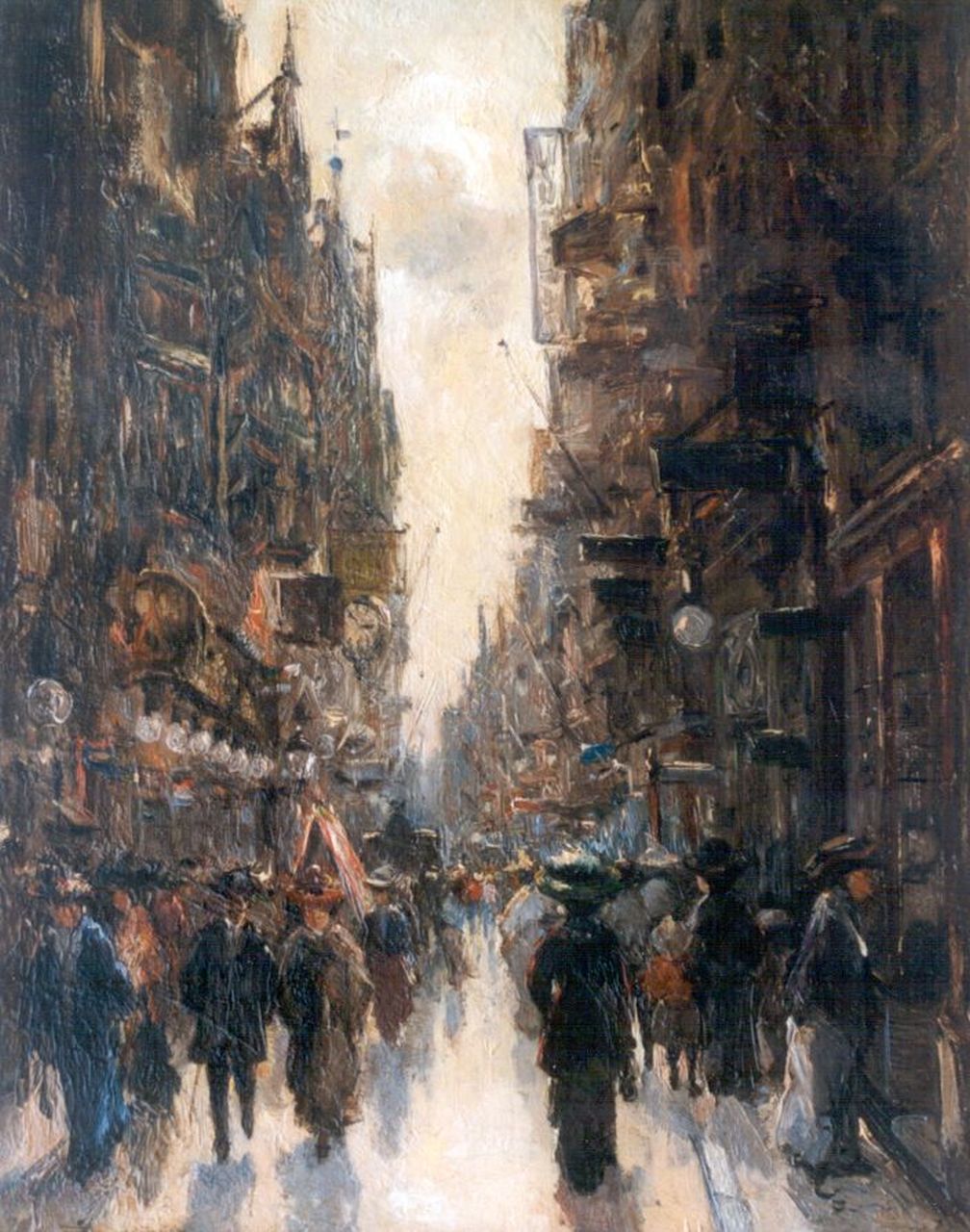 Helfferich F.W.  | Franciscus Willem 'Frans' Helfferich, Figures in a street, The Hague, oil on canvas 45.0 x 35.5 cm, signed l.l.