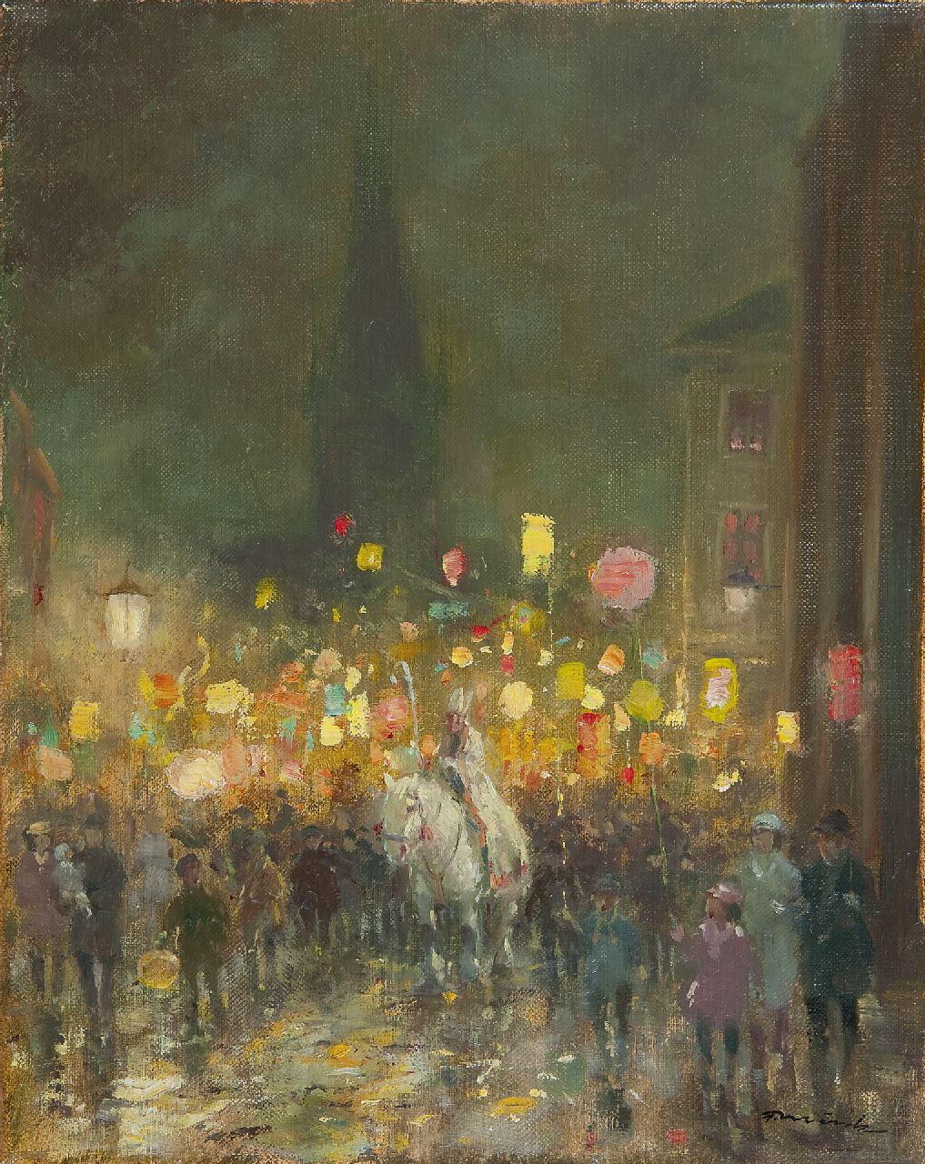 Möritz F.  | Fritz Möritz, Martin's evening, Düsseldorf, oil on canvas 30.5 x 24.4 cm, signed l.r.