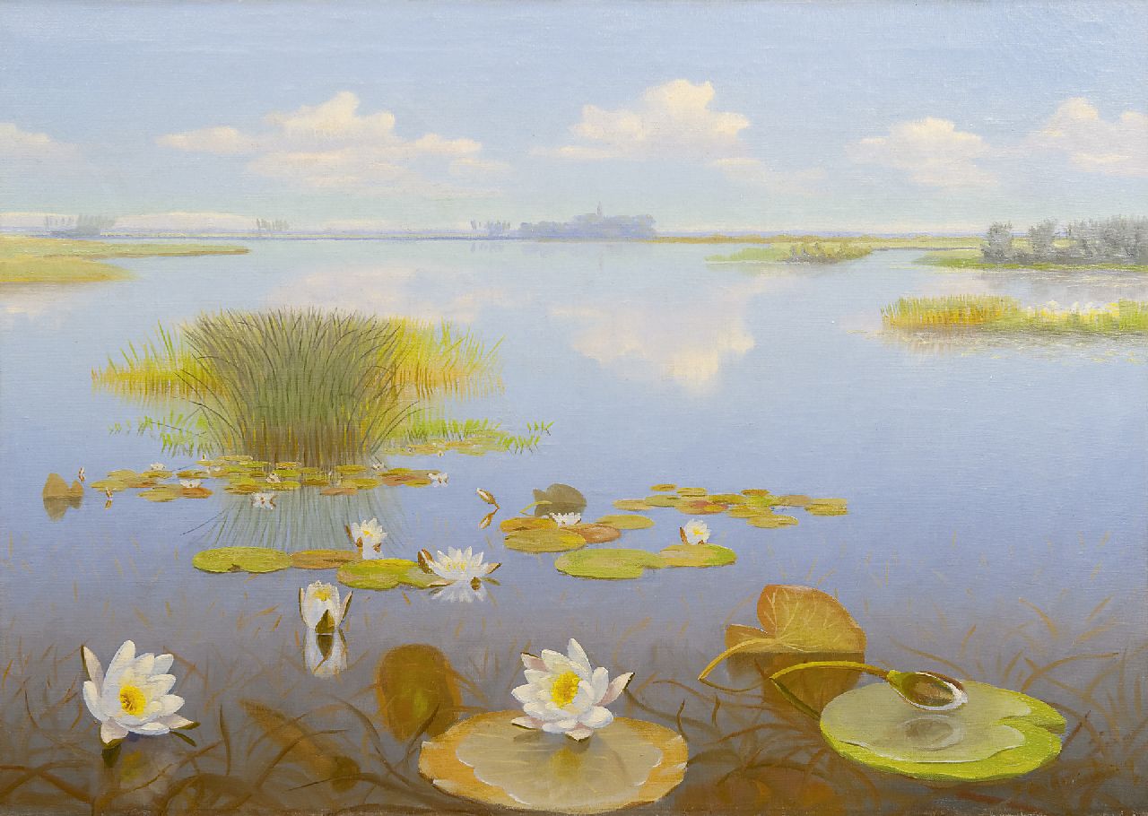 Smorenberg D.  | Dirk Smorenberg, A view of a lake with waterlilies, oil on canvas 50.3 x 70.0 cm, signed l.r.