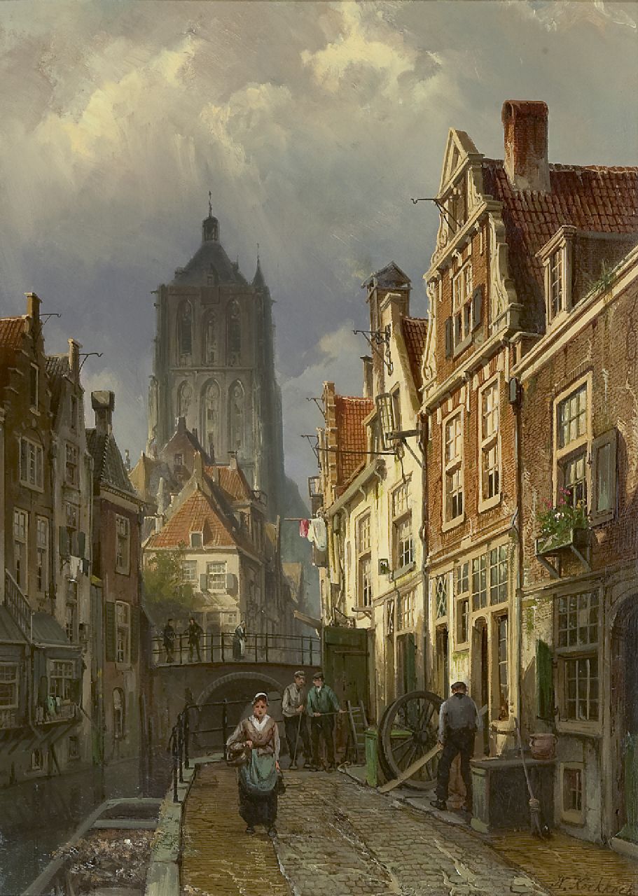 Koekkoek W.  | Willem Koekkoek, A Dutch town view with the tower of the St. Catharijnekerk of Brielle, oil on canvas 60.0 x 43.8 cm, signed l.r.