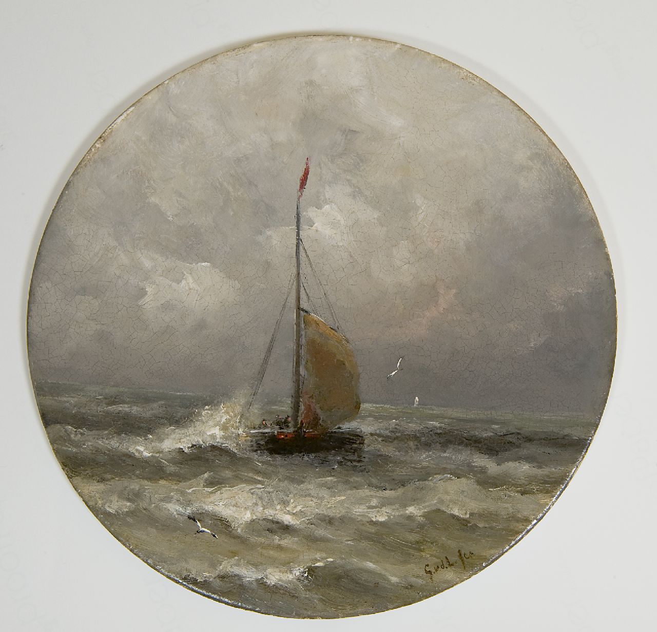Laan G. van der | Gerard van der Laan, Fishing boat at sea, oil on china 28.3 x 28.3 cm, signed with initials l.r.