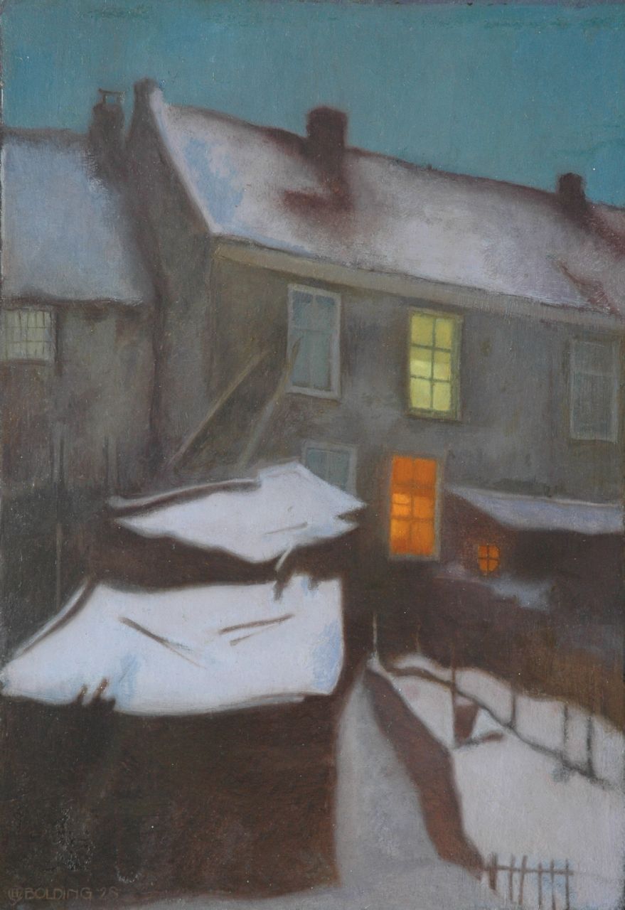 Bolding C.  | Cornelis 'Cees' Bolding, Lighted houses in winter, Amsterdam, oil on panel 50.9 x 35.7 cm, signed l.l. and painted '28