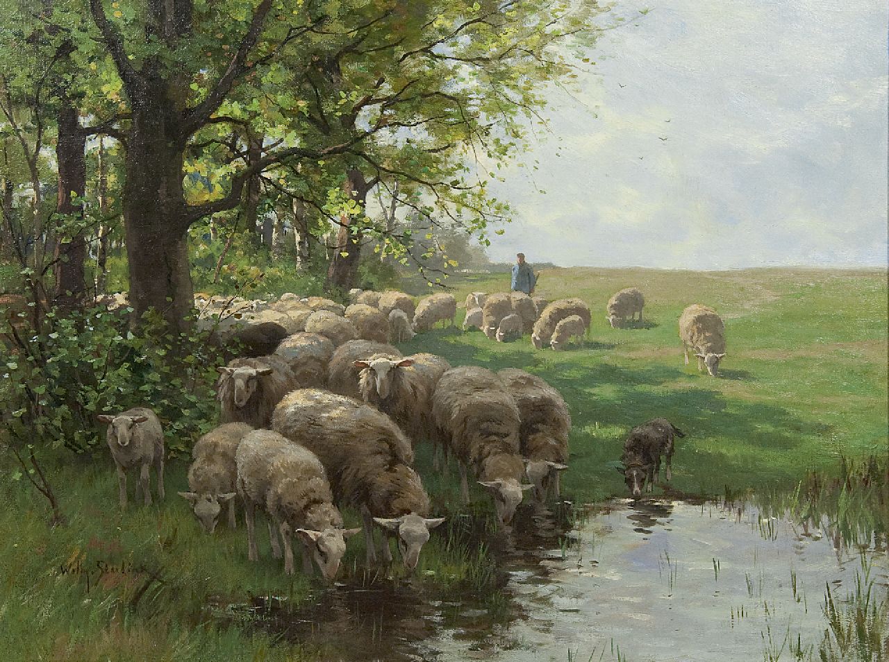 Steelink jr. W.  | Willem Steelink jr., A sheperd with flock by at watering place, oil on canvas 50.5 x 67.5 cm, signed l.l. and dated juli 1914 on the reverse