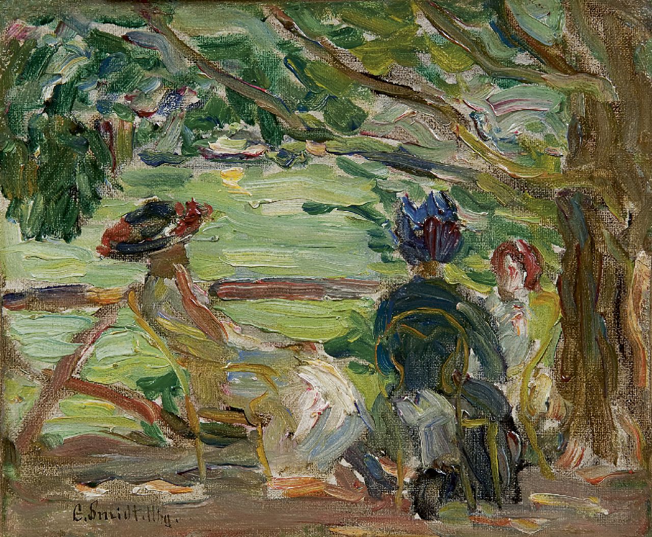 Smidt E.L.  | Emil Leonhard Smidt, A summer day in the garden, oil on canvas laid down on board 15.0 x 18.3 cm, signed l.l.