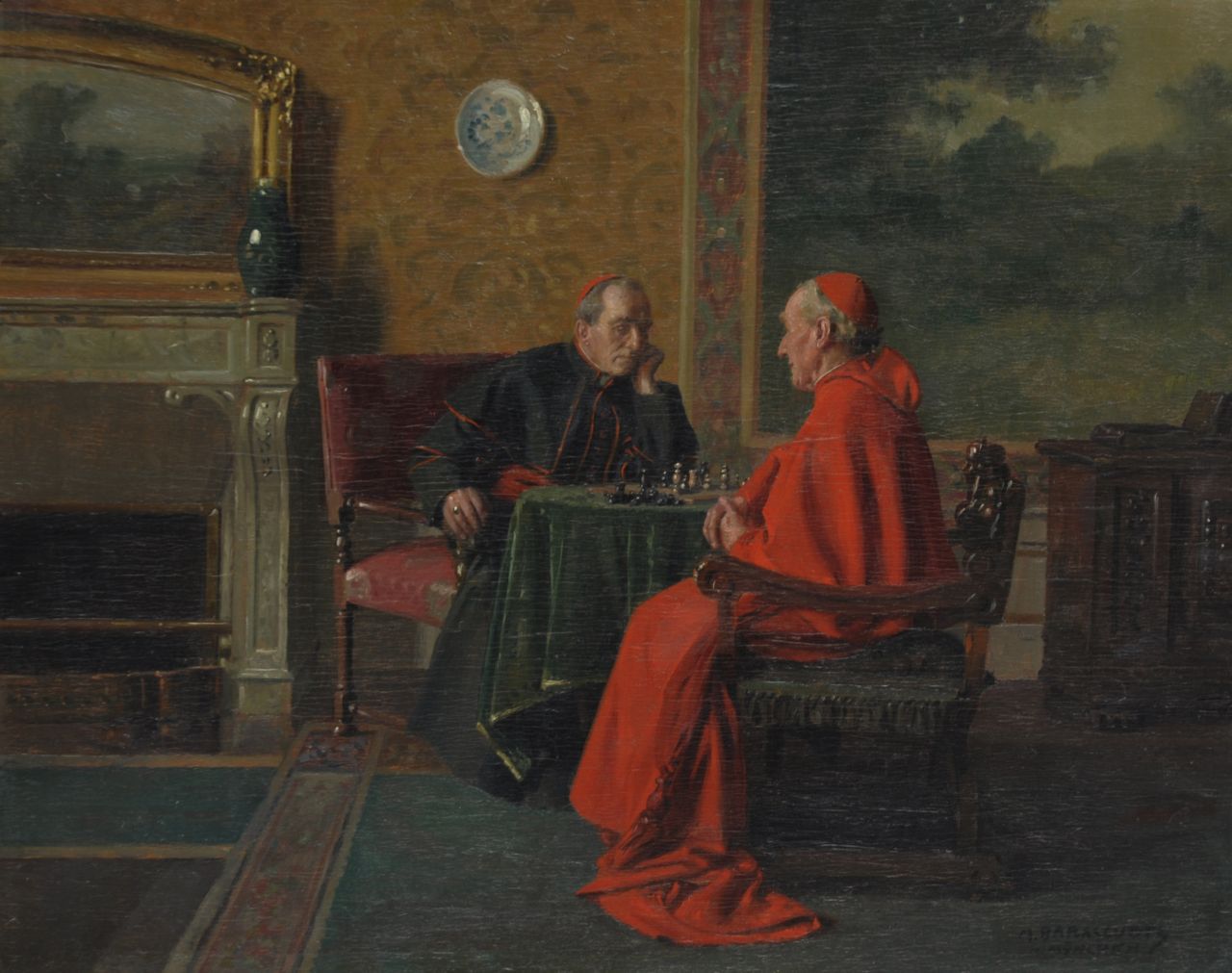 Barascudts M.  | Max Barascudts, Chess playing cardinals, oil on panel 40.0 x 50.0 cm, signed l.r.