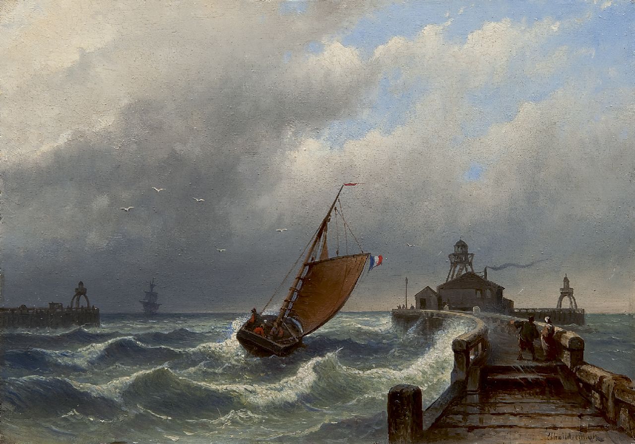 Hilverdink E.A.  | Eduard Alexander Hilverdink, Ships sailing off a jetty, oil on panel 24.5 x 34.8 cm, signed l.r.