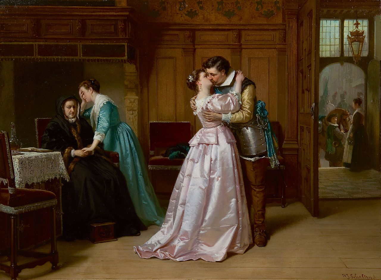 Scholten H.J.  | Hendrik Jacobus Scholten, The good-bye kiss, oil on panel 40.3 x 54.1 cm, signed l.r.
