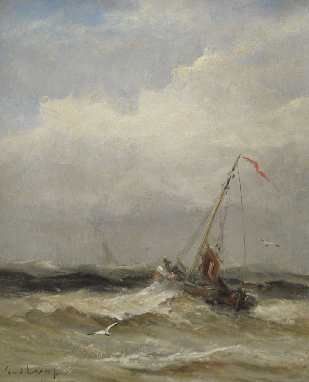 Laan G. van der | Gerard van der Laan, Ship at shore, oil on painter's board 19.5 x 16.0 cm, signed l.l. and reverse