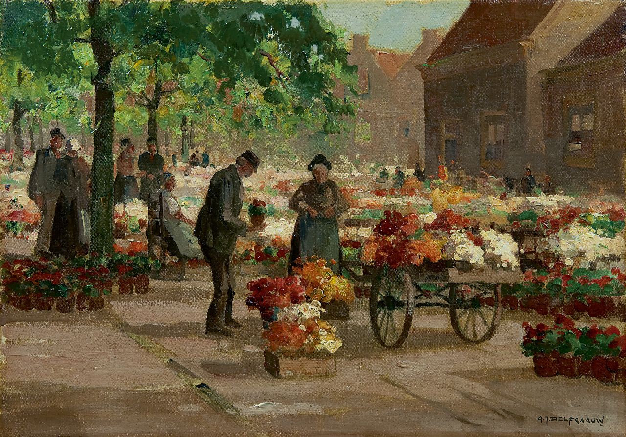 Delfgaauw G.J.  | Gerardus Johannes 'Gerard' Delfgaauw, Flower market, oil on canvas 35.1 x 50.0 cm, signed l.r.