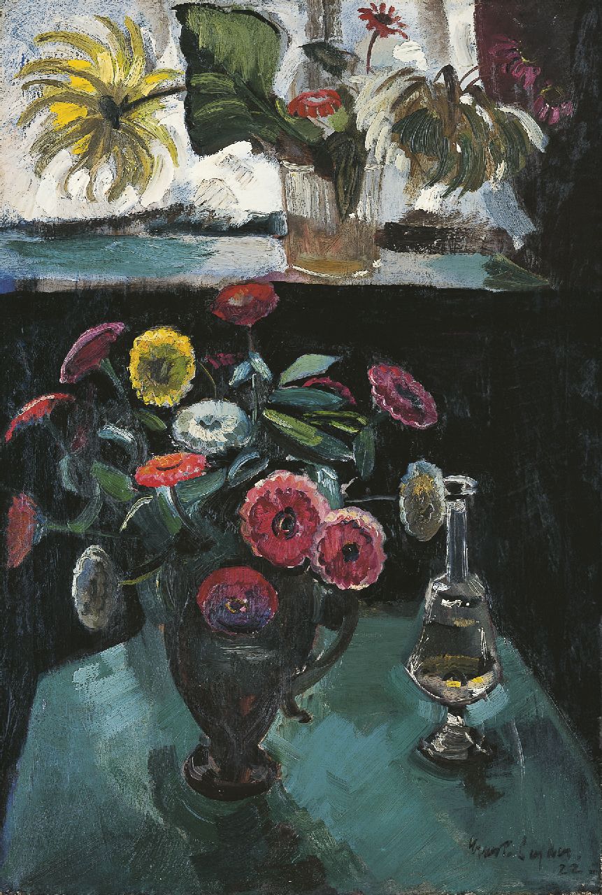 Leyden O.M.E.  | Oskar Moritz 'Ernst' Leyden, Flower still life with  a glass decanter, oil on canvas 94.0 x 63.6 cm, signed l.r. and dated '22