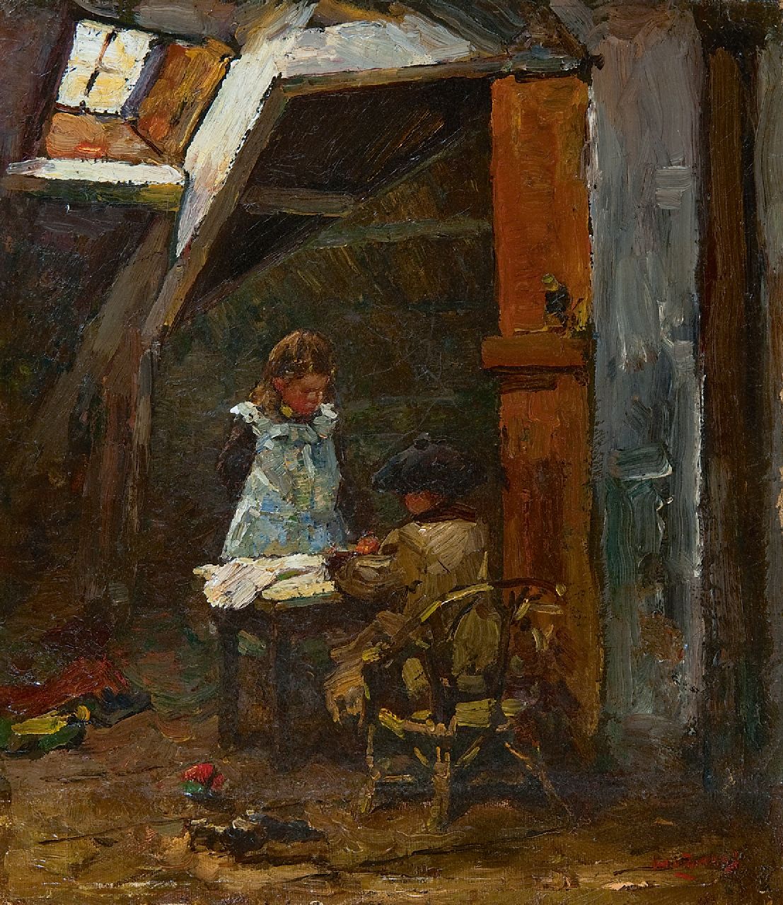 Zwart W.H.P.J. de | Wilhelmus Hendrikus Petrus Johannes 'Willem' de Zwart | Paintings offered for sale | The painter's children looking at picture books, oil on canvas laid down on board 33.4 x 29.5 cm, signed l.r.