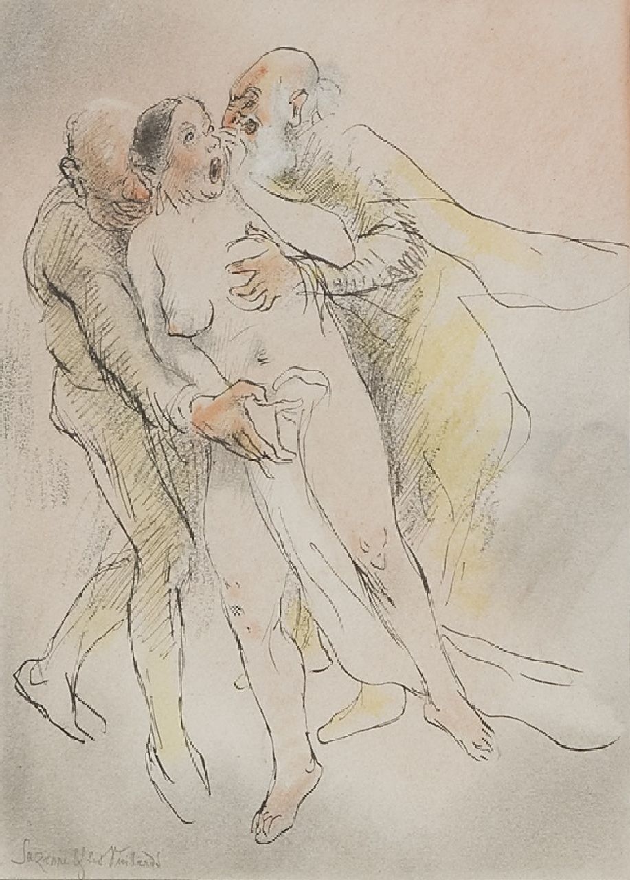 Rassenfosse A.L.  | André Louis 'Armand' Rassenfosse | Watercolours and drawings offered for sale | Suzanne & Les Vieillards, pencil, ink and pastel on paper 19.7 x 15.3 cm