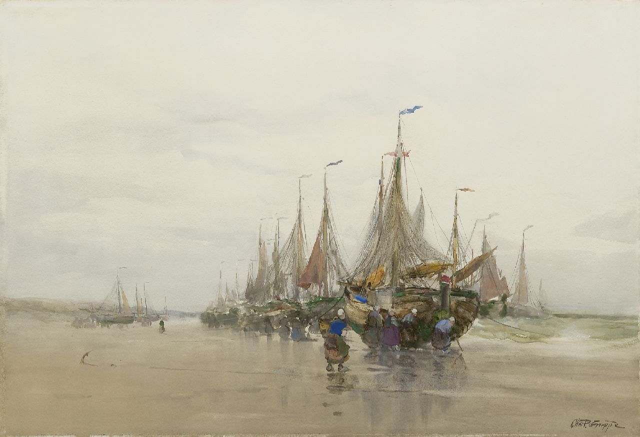 Gruppe C.P.  | Charles Paul Gruppe, Fishing barges on the beach, watercolour on paper 39.5 x 58.7 cm, signed l.r.