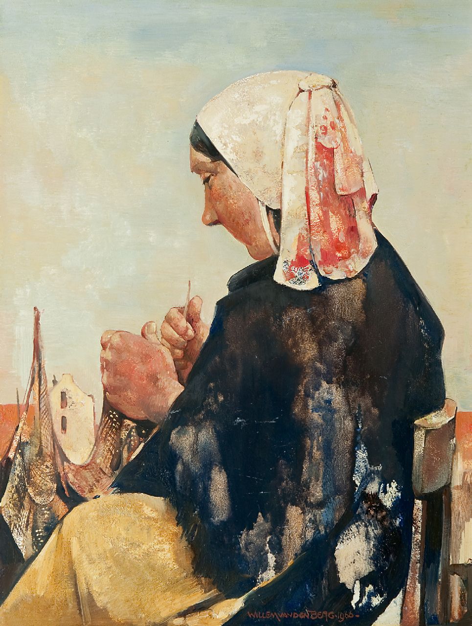 Berg W.H. van den | 'Willem' Hendrik van den Berg | Paintings offered for sale | Mending the nets, Scheveningen, oil on painter's board 39.8 x 29.9 cm, signed l.r. and dated 1966