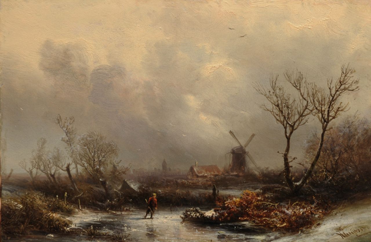 Kluyver P.L.F.  | 'Pieter' Lodewijk Francisco Kluyver, Skater in a winter landscape, oil on panel 20.2 x 30.4 cm, signed l.r.