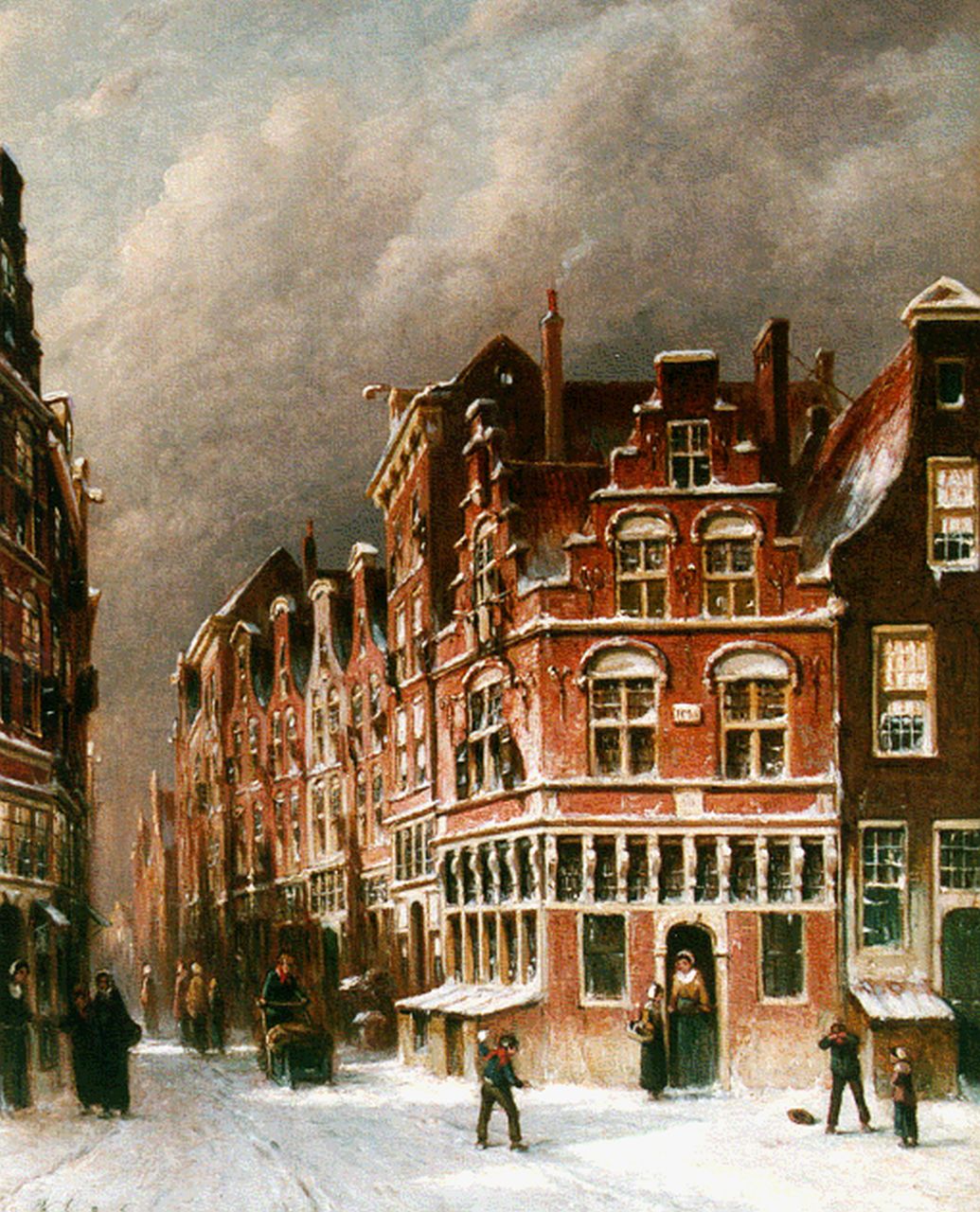Vertin P.G.  | Petrus Gerardus Vertin, Figures in a street in winter, oil on canvas 45.0 x 36.7 cm, signed l.l. and dated '83