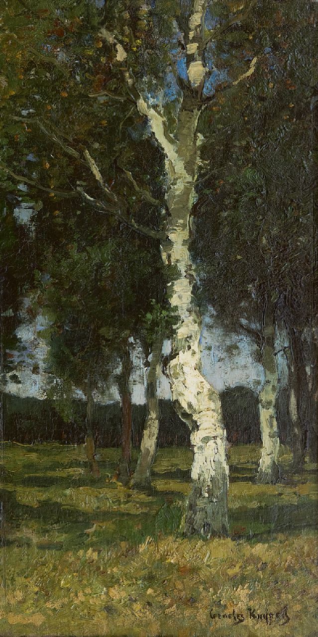 Kuijpers C.  | Cornelis Kuijpers, Birch trees, oil on canvas 45.4 x 23.8 cm, signed l.r.